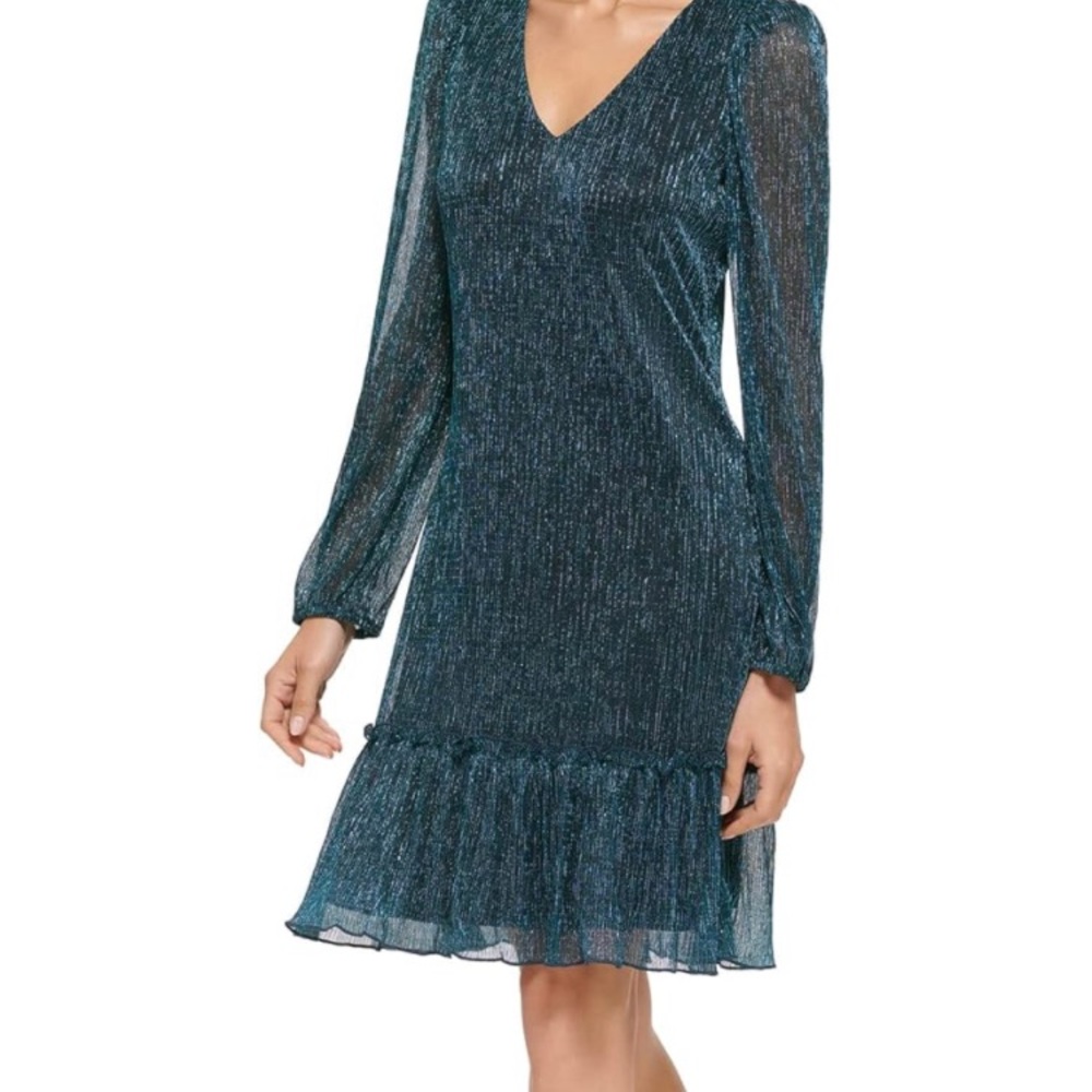Women's Babydoll Lurex Crinkle Mesh Long Sleeve Dress